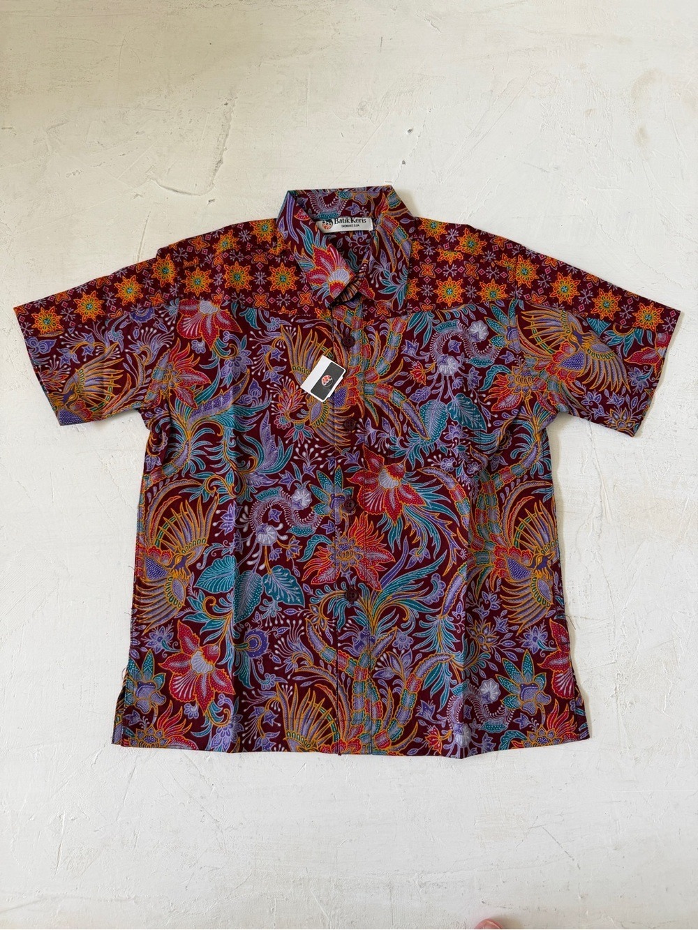 Batik Keris Indonesia Dress Shirt Kids Maroon Floral Short Sleeve Size S NWT